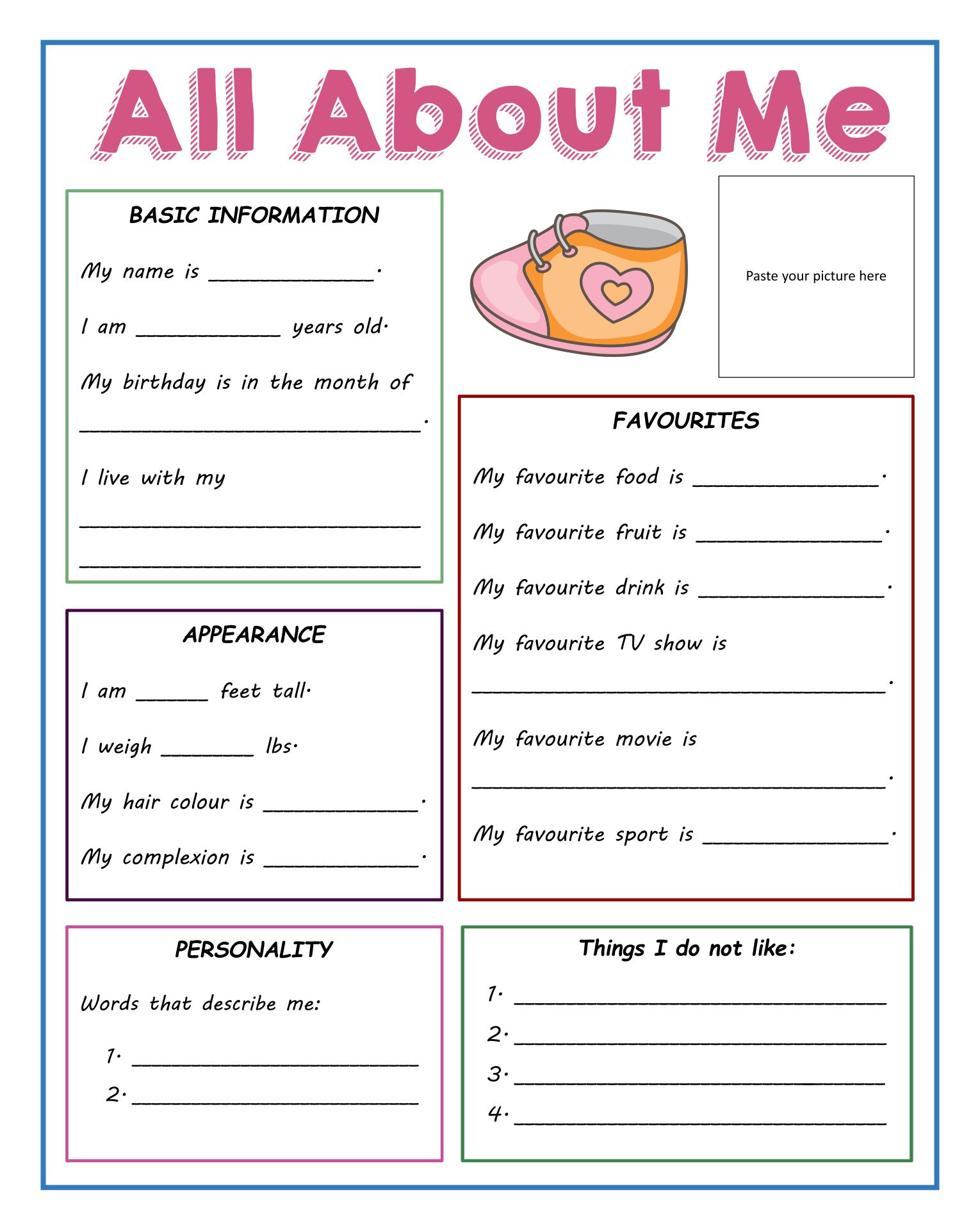 All About Me High School Printable All About Me Worksheets