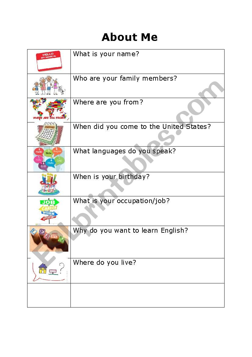 About Me for Adults ESL Worksheet By Kcontreras