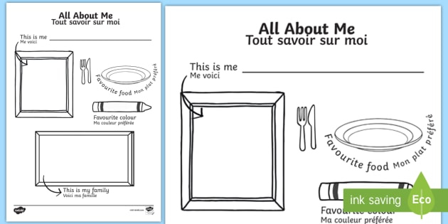 All About Me English French Colouring Worksheet