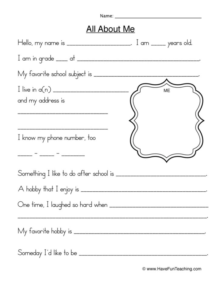 All About Me Fill In The Blank Worksheet