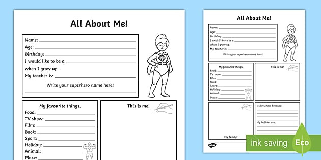 All About Me Template Kindergarten Worksheets