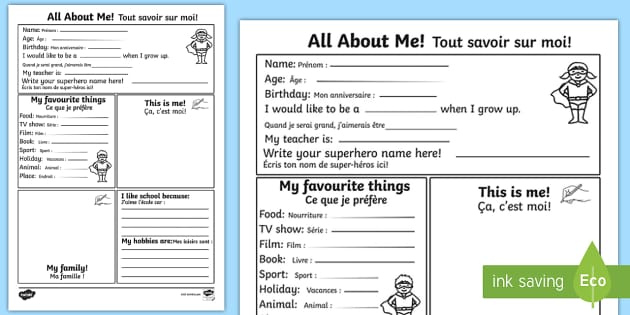 All About Me French Worksheet