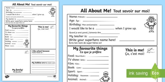 French All About Me Worksheet