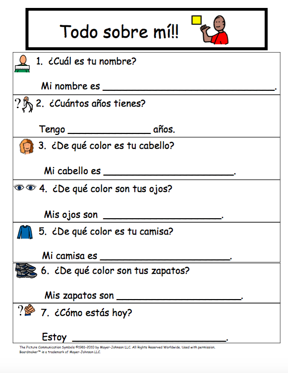 All About Me Worksheet In Spanish