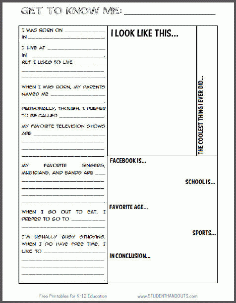 Get To Know Me Student Information Sheet Student Handouts