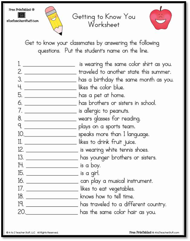 Get To Know You Worksheet Elementary