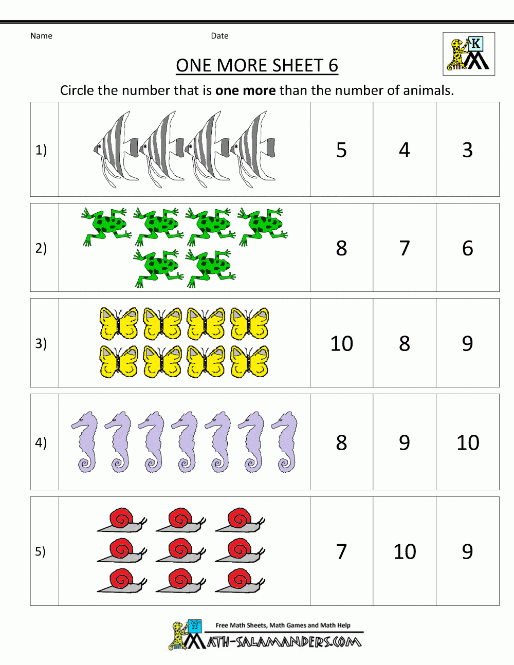 Kindergarten Math Worksheets Printable One More