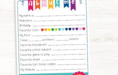 About Me Worksheet Girl Scouts Inspired Fill-In Questionnaire regarding Daisy Girl Scout All About Me Worksheet