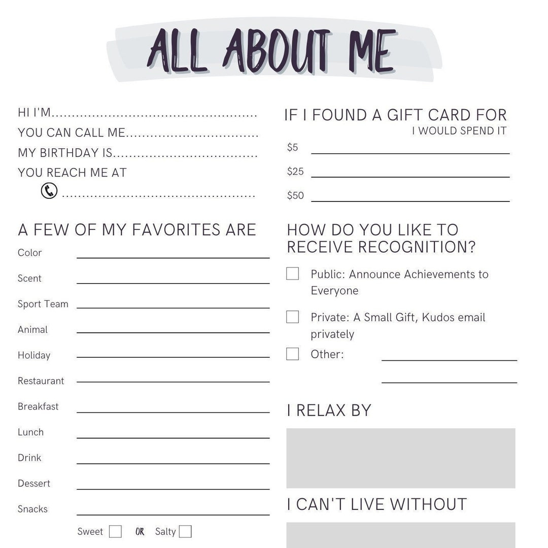 All About Me- Co-Worker Questions - Etsy for All About Me Worksheet For Employees