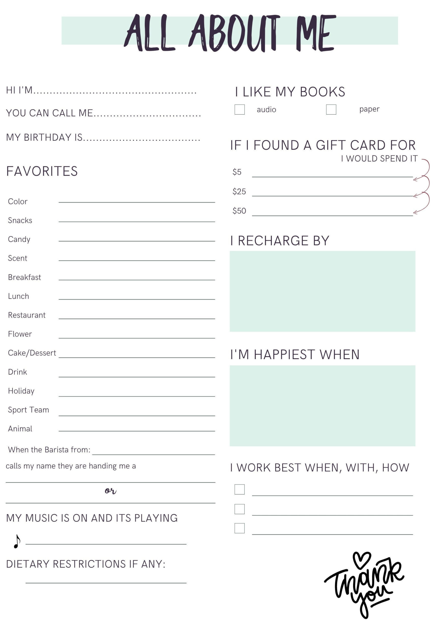 All About Me- Co-Worker Questions - Etsy within All About Me Worksheet Employees