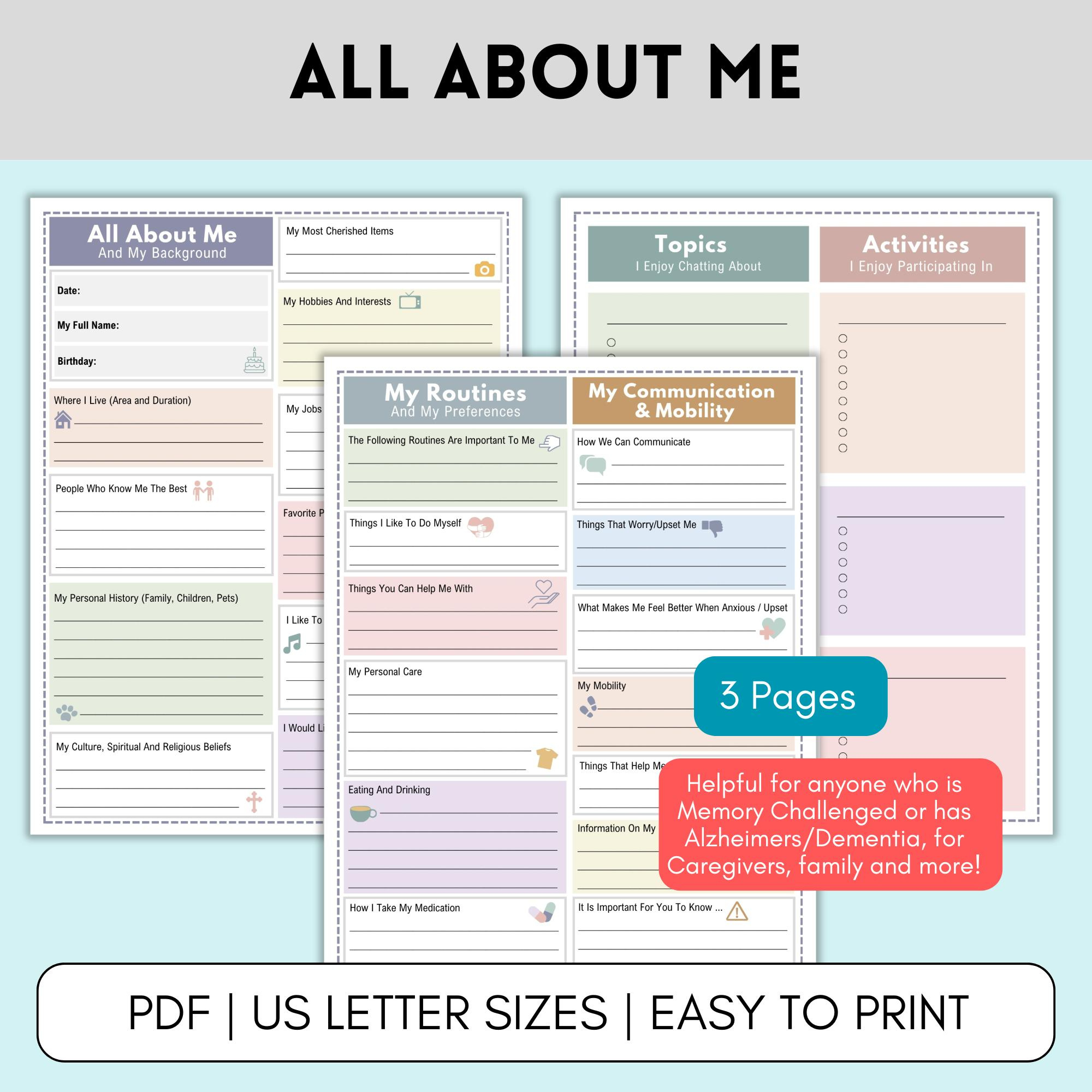 All About Me Dementia - Etsy in All About Me Worksheet Dementia