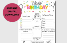 All About Me, Kids Birthday Interview, Yearly Questions Keepsake regarding All About Me Birthday Worksheet