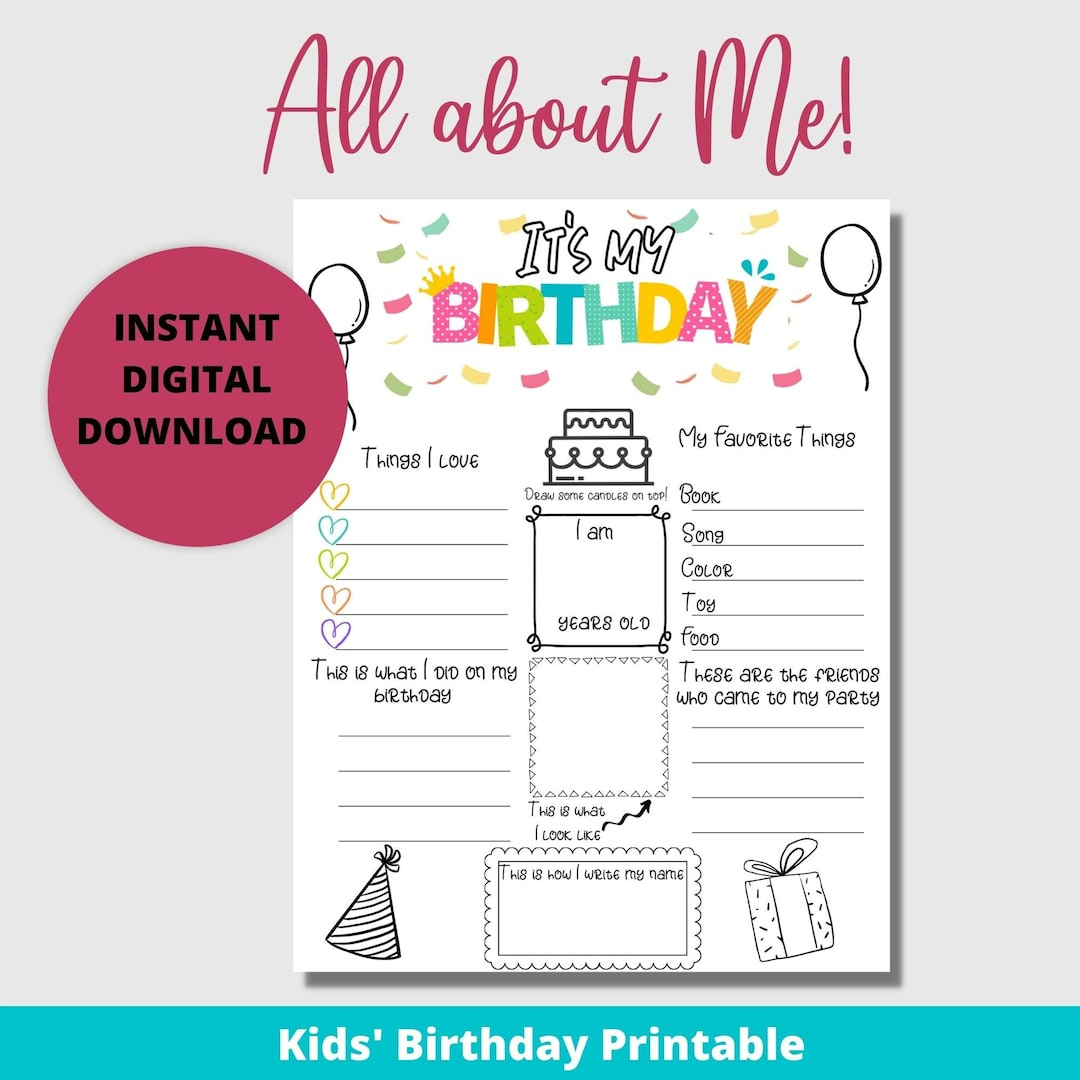 All About Me, Kids Birthday Interview, Yearly Questions Keepsake regarding All About Me Birthday Worksheet