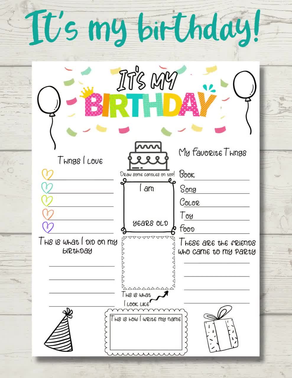 All About Me, Kids Birthday Interview, Yearly Questions Keepsake, Yearly Memory Diary, Doodles Modern, About Me Journal, Printable intended for All About Me Birthday Worksheet
