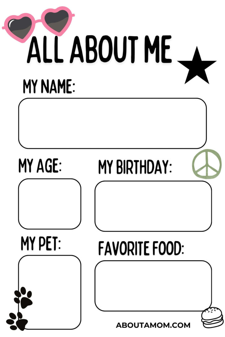 All About Me Worksheet School Age