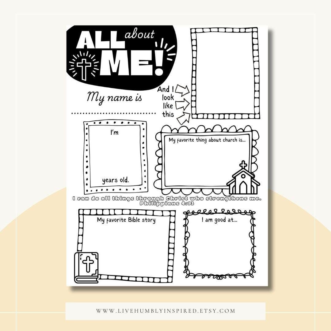 All About Me Printable Sheet For Sunday School, Church in All About Me Worksheet Etsy