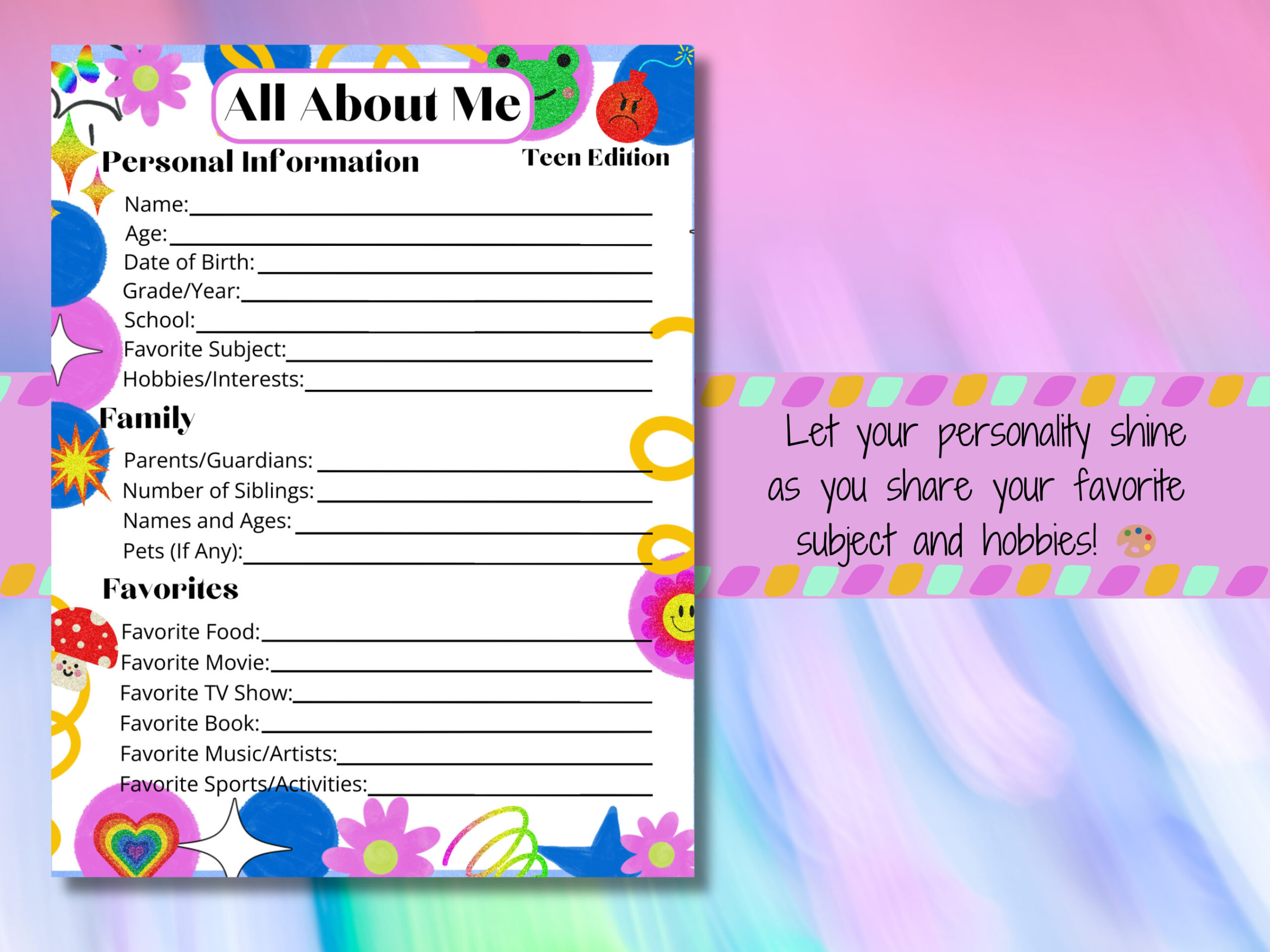 All About Me Printable Template Editable Template Get To Know You in Teenage Introduction Sheet All About Me