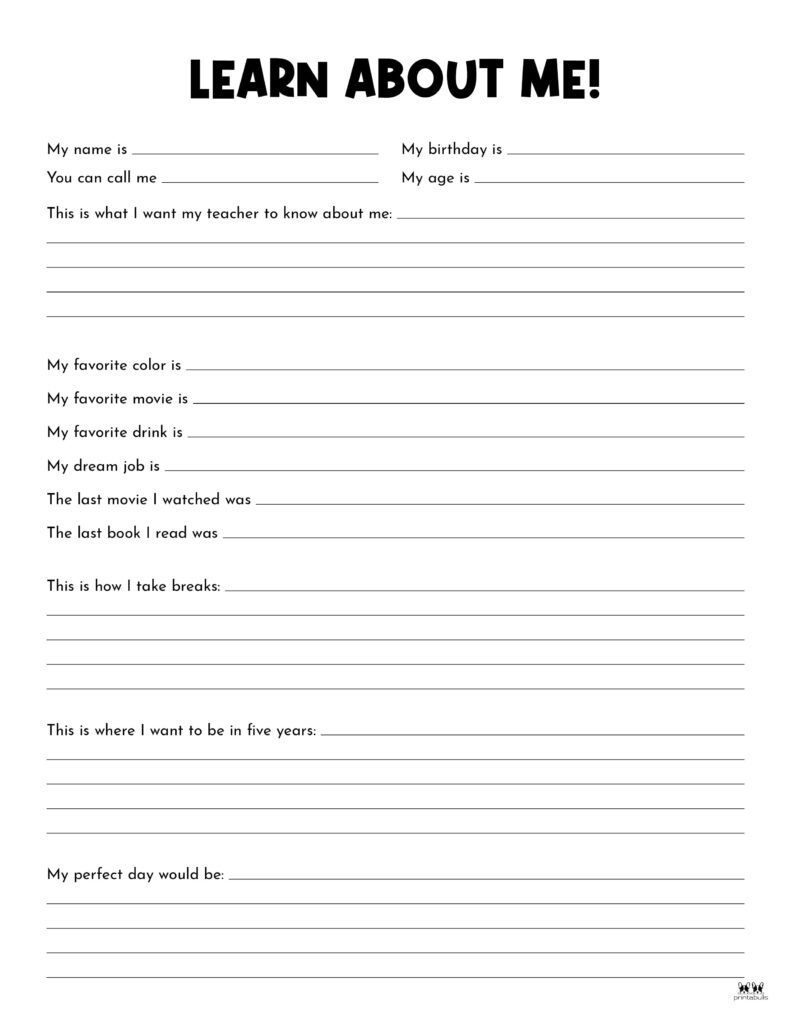 All About Me Printable Worksheets - 50 Free Printables | Printabulls inside All About Me Worksheet Adult Free