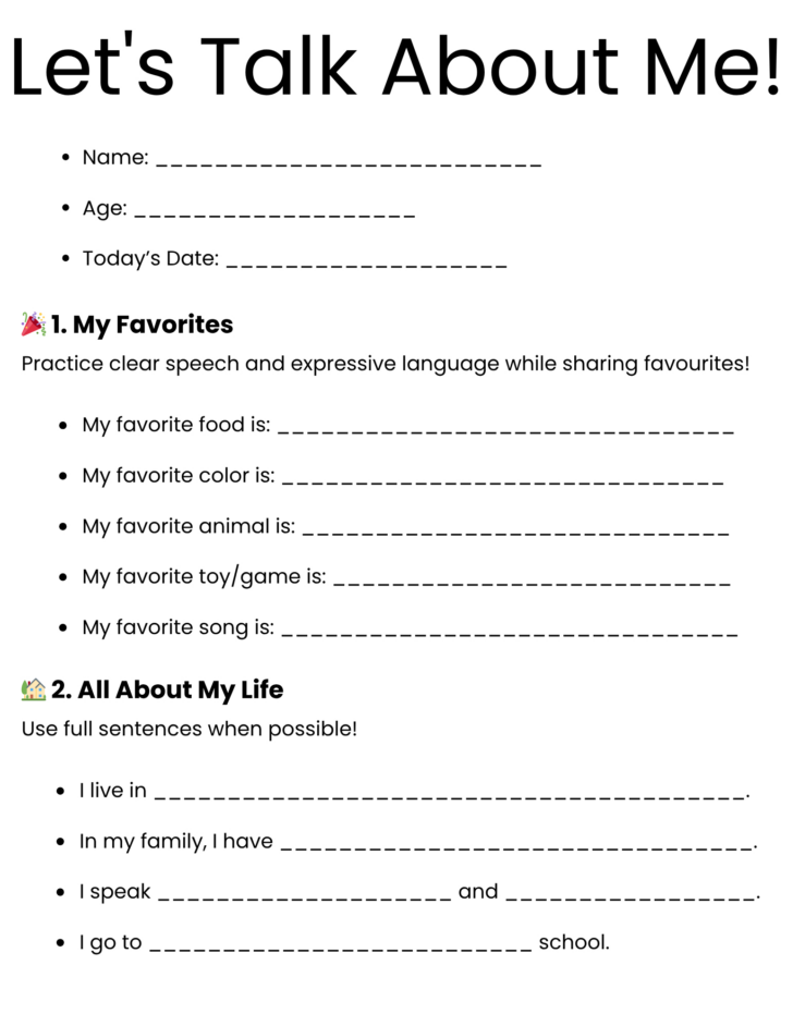 All About Me Worksheet Teens