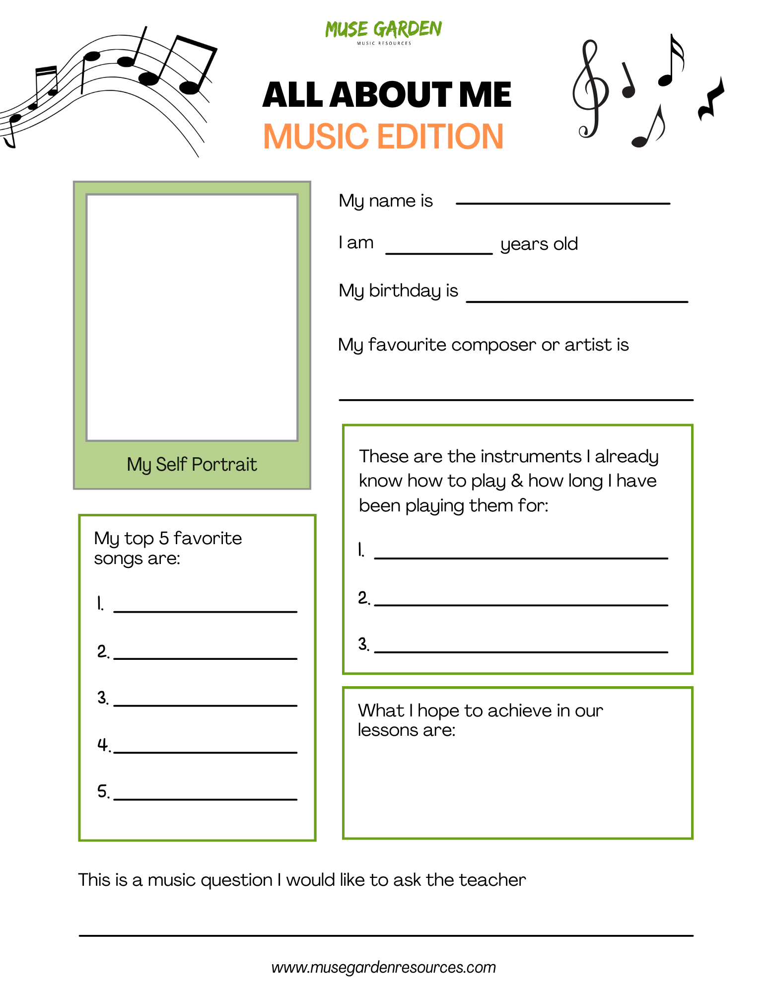 All About Me Worksheet (Music Edition) inside All About Me Worksheet Music