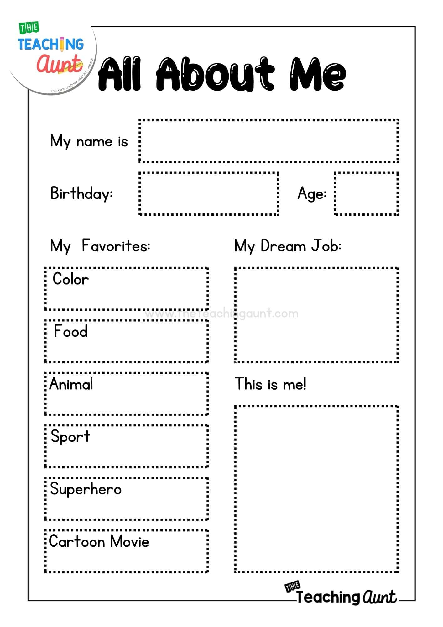 All About Me Worksheets Free Printable - The Teaching Aunt throughout All About Me Worksheet School