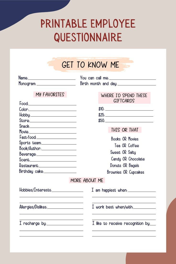 Coworker Questions Printable, All About Me Employee Questionnaire with All About Me Employee Worksheet
