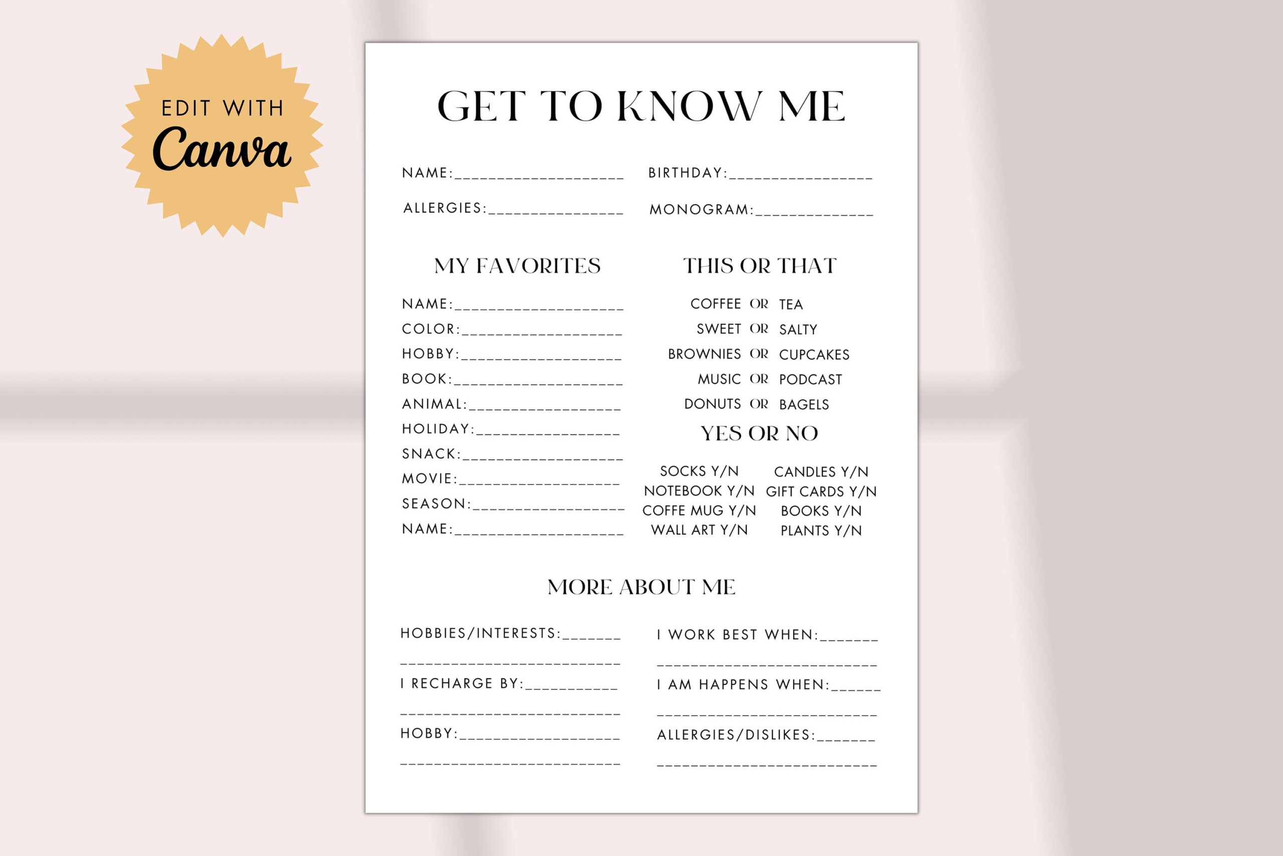 Employee Questionnaire Printable: All About Me, Favorites List for All About Me Worksheet For Employees