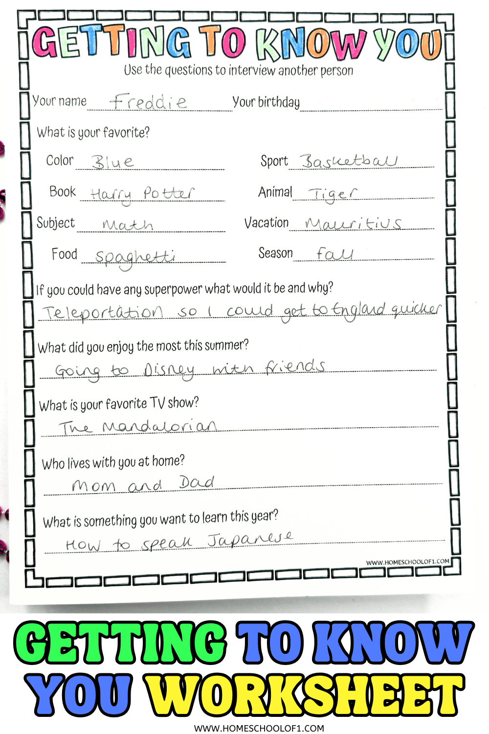 Free Getting To Know You Worksheet For The First Day Of School within Get To Know My Teenager Worksheet