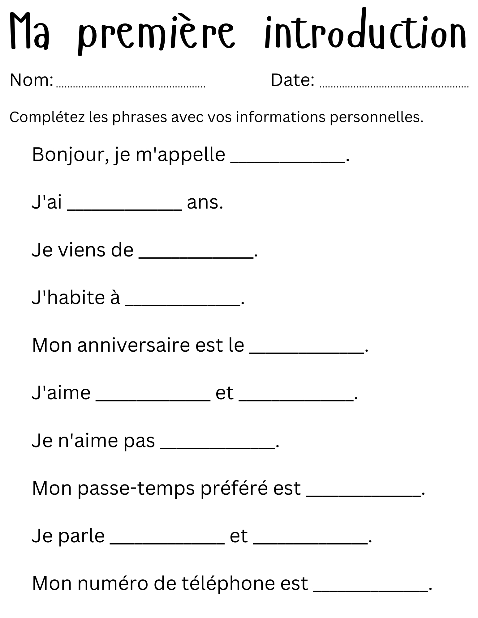 Introducing Yourself In French Worksheet - Introduction En in All About Me Worksheet French