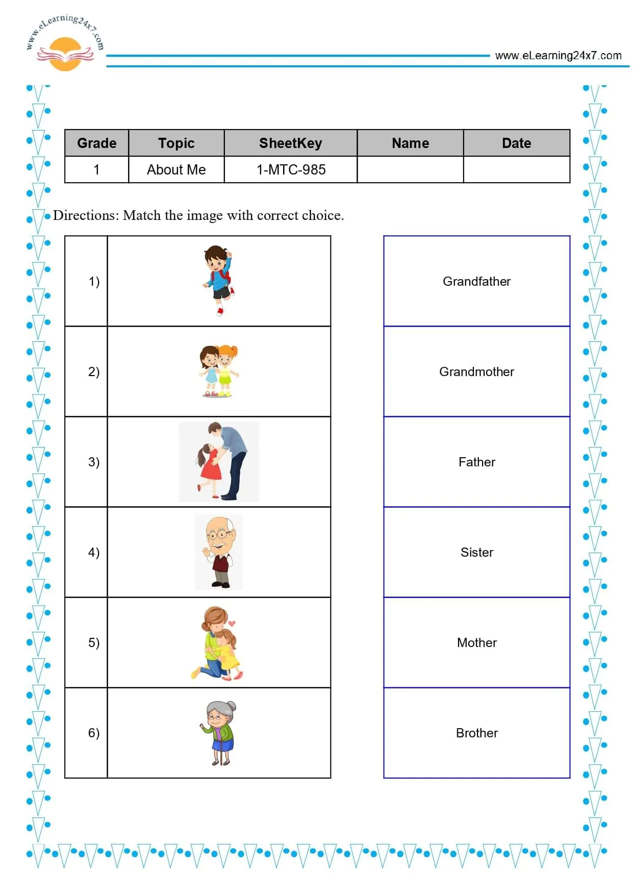 My Family : Match The Image - Https://Elearning24X7 inside Class 1 Evs Worksheet All About Me