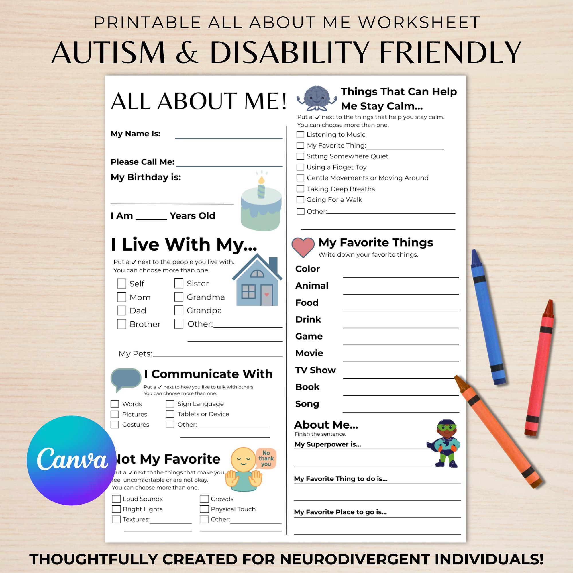 Printable All About Me Template For Special Needs, Autism, Adhd intended for All About Me Worksheet Special Needs