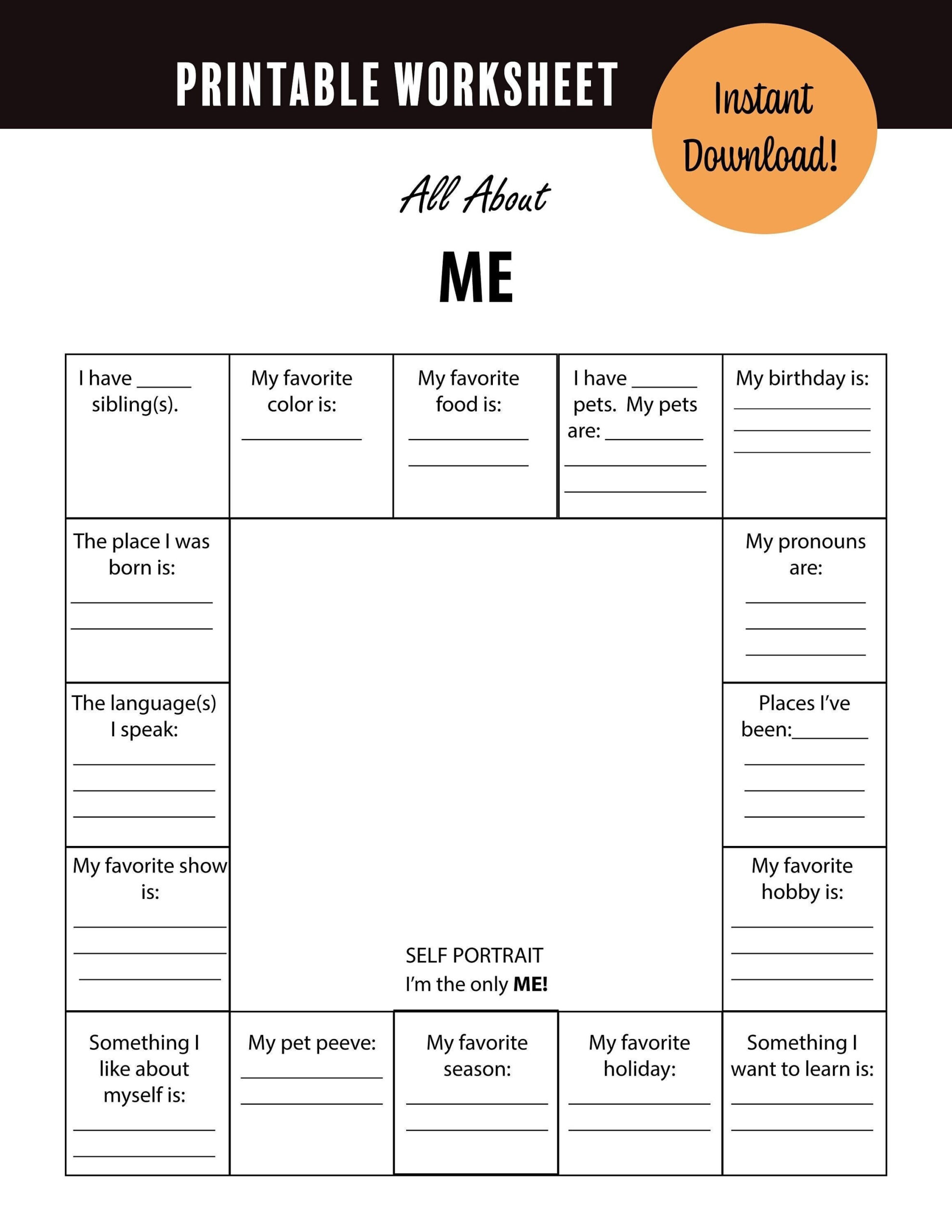 Printable Worksheet- All About Me- Academic Resource - Etsy for All About Me Math Worksheet 5Th Grade