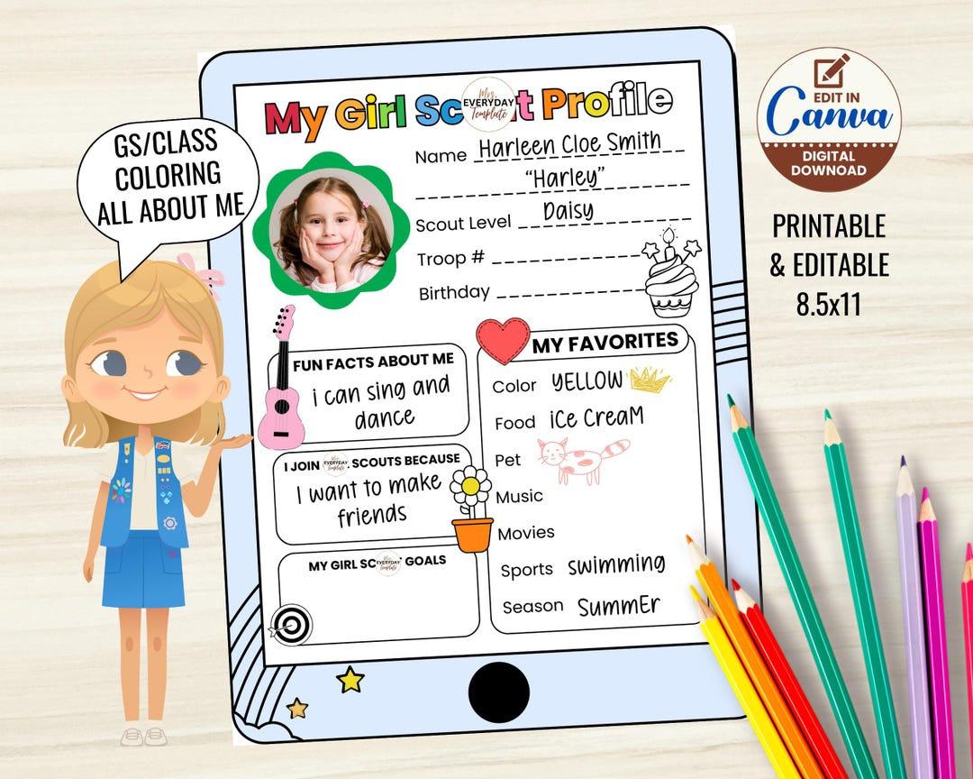 Scout All About Me Editable Template, Girl Boy Class Welcome for Daisy Girl Scout All About Me Worksheet