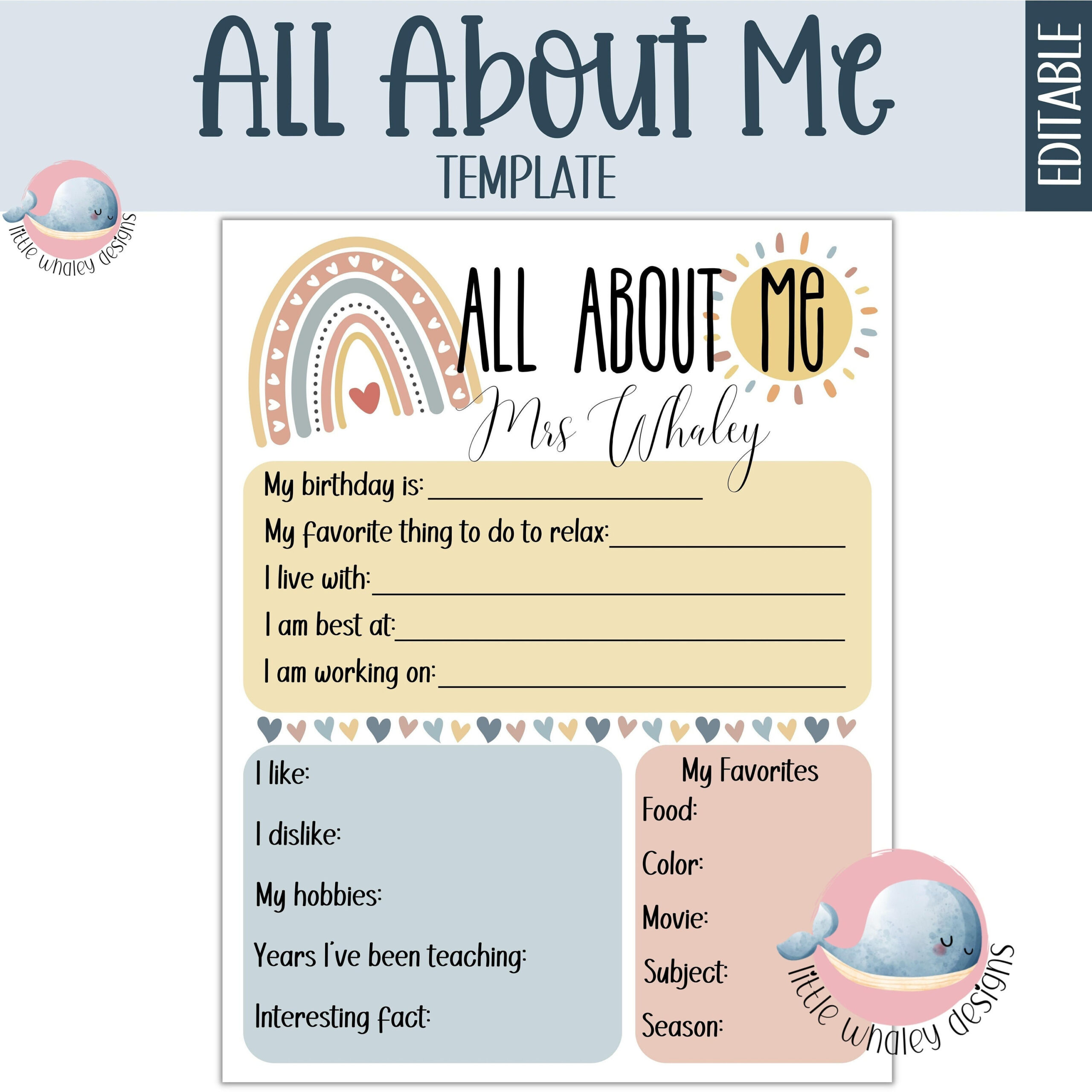 Teacher All About Me Editable Template, Printable Meet The Teacher throughout Editable All About Me Worksheet